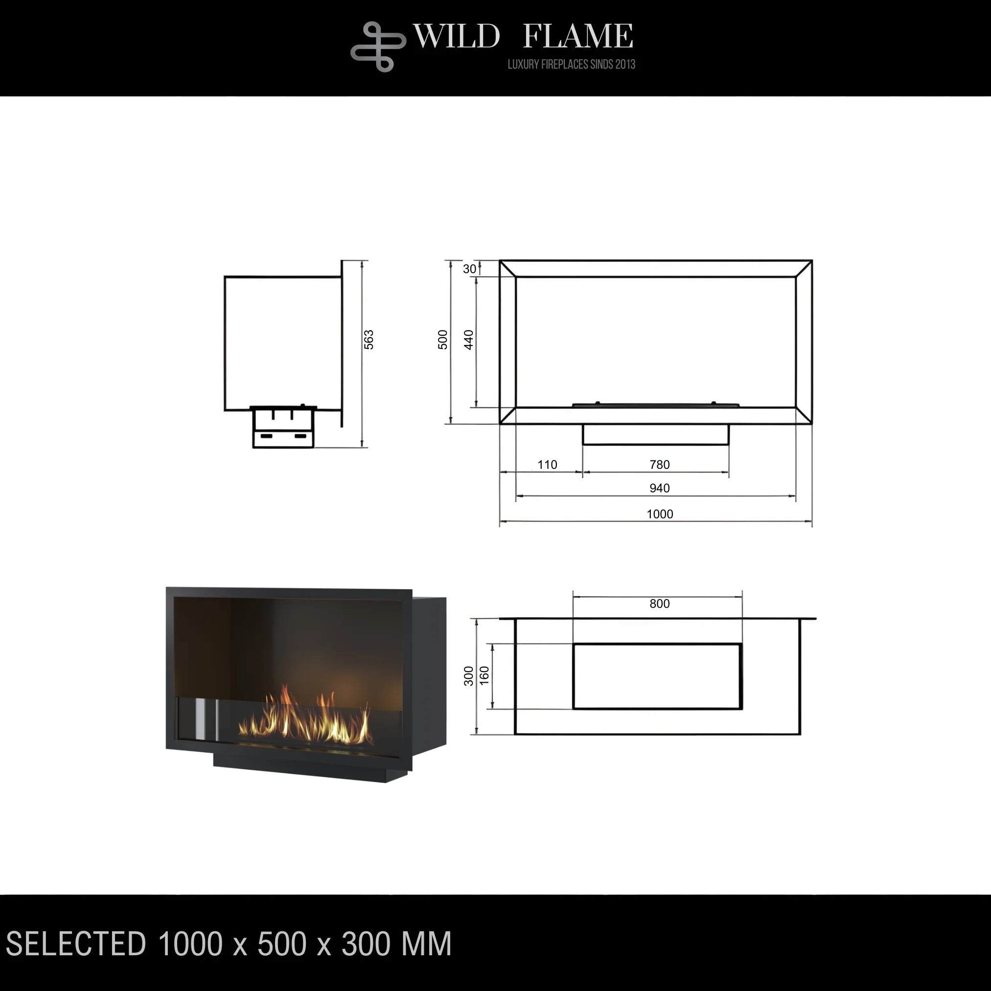 Caminetto monofacciale da incasso SELECTED 110 cm