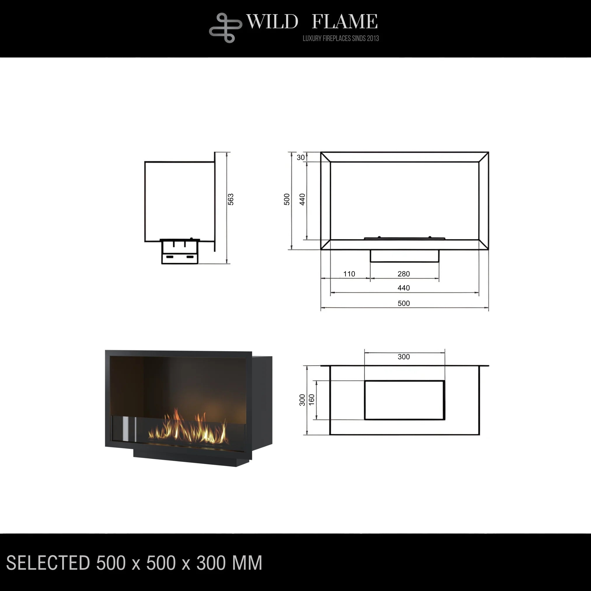 Caminetto monofacciale da incasso SELECTED 50 cm