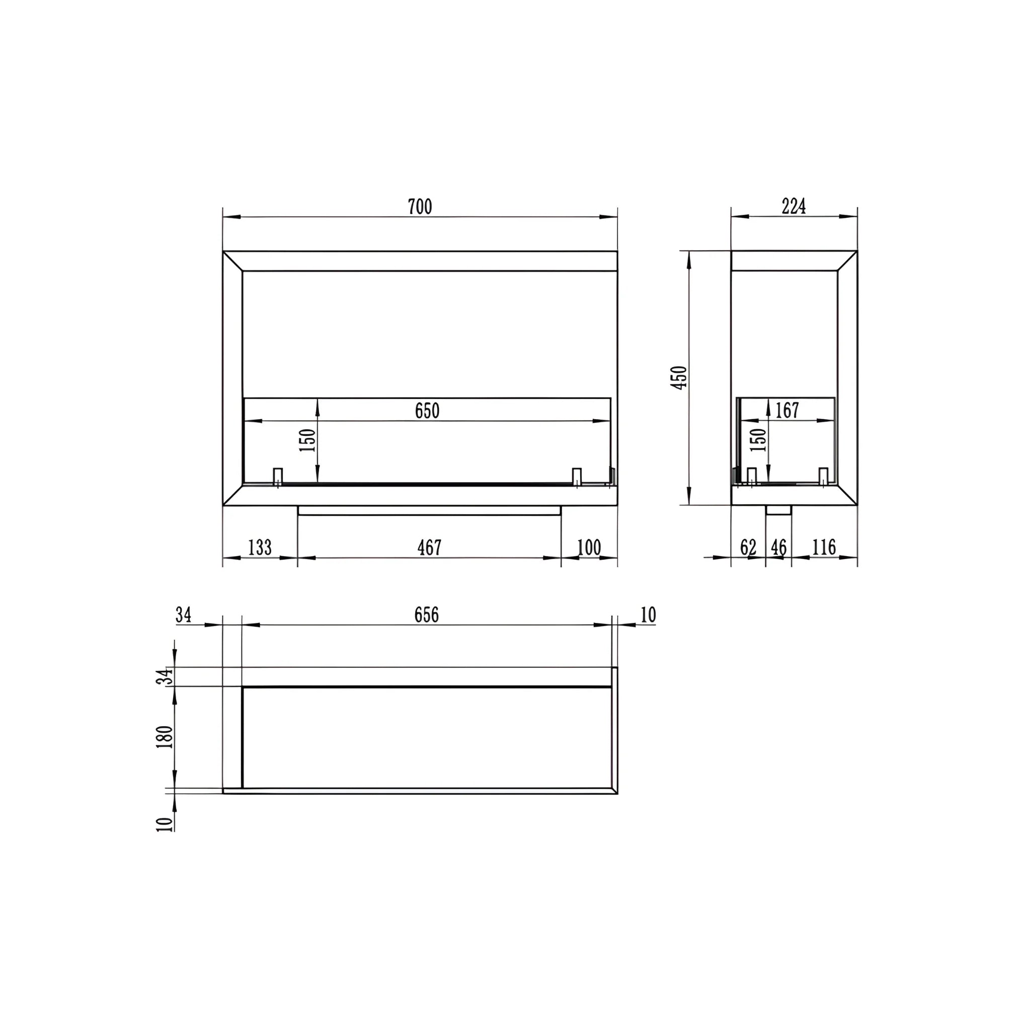 Caminetto ad angolo da incasso a bioetanolo sinistro 70 cm