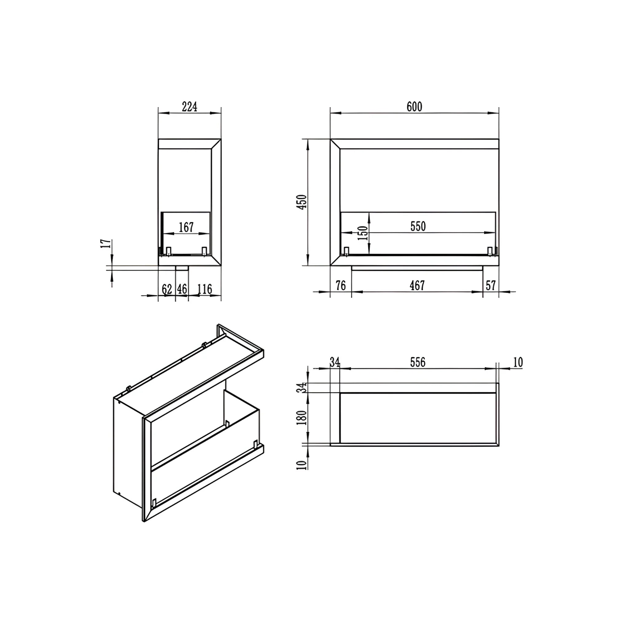Caminetto ad angolo da incasso a bioetanolo destro 60 cm