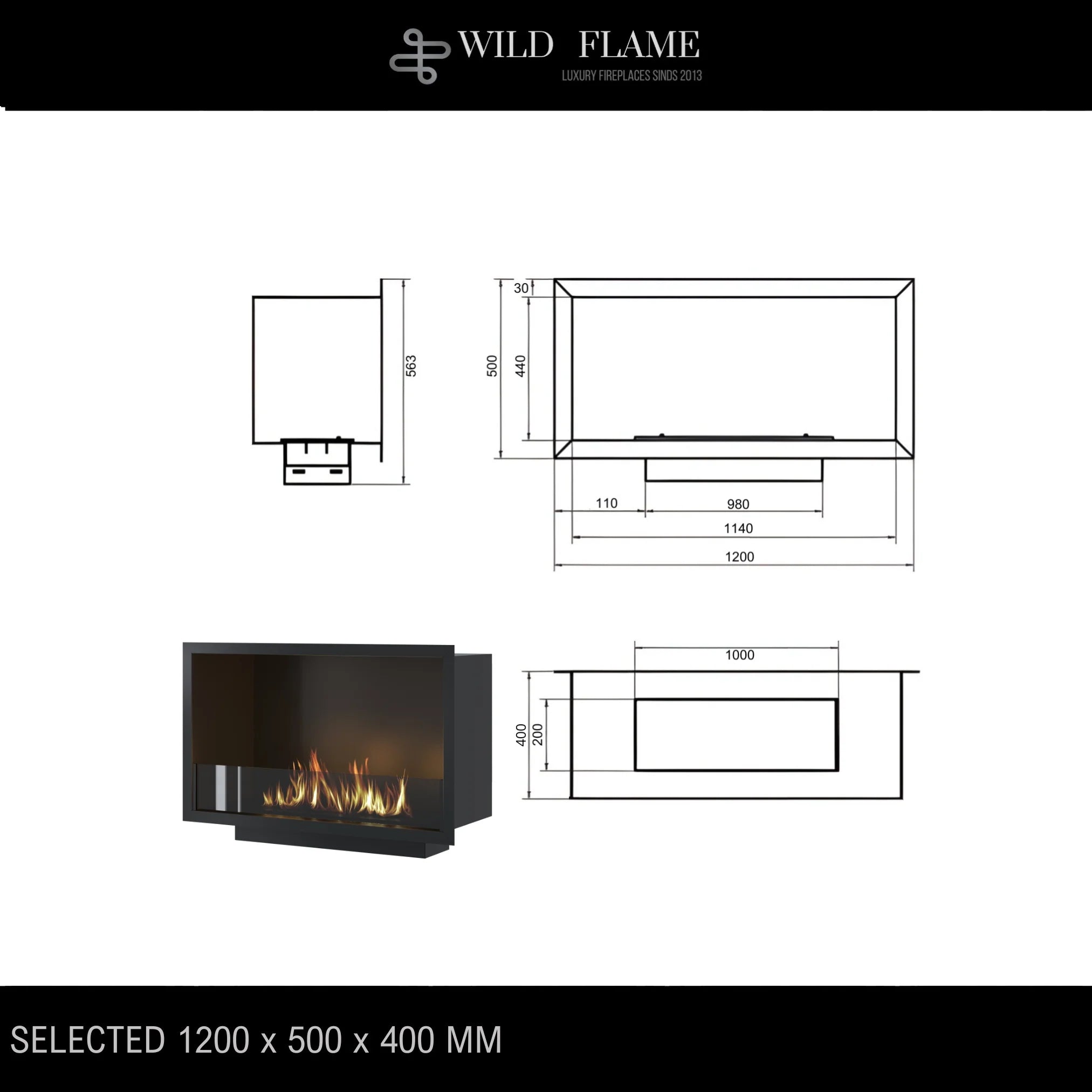 Caminetto monofacciale da incasso SELECTED 120 cm