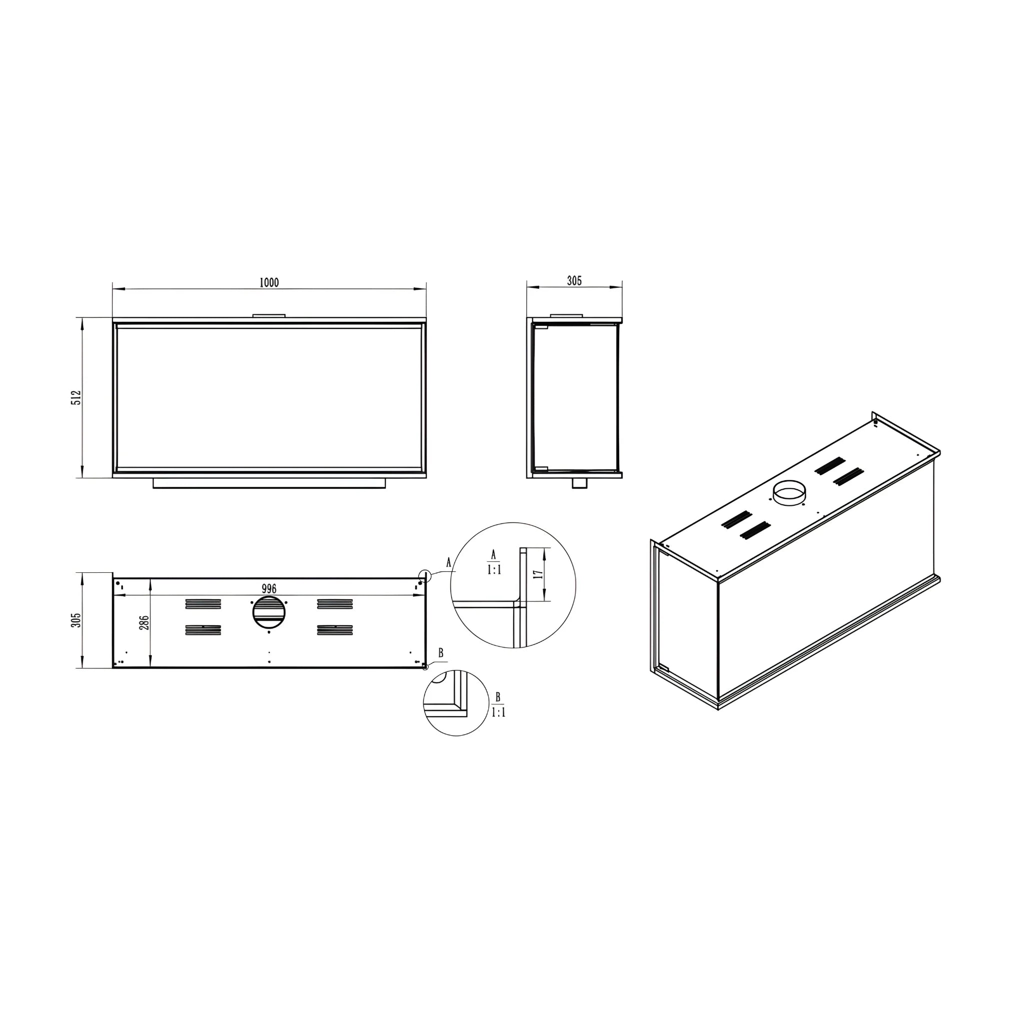 Caminetto da incasso a bioetanolo trifacciale 100 cm