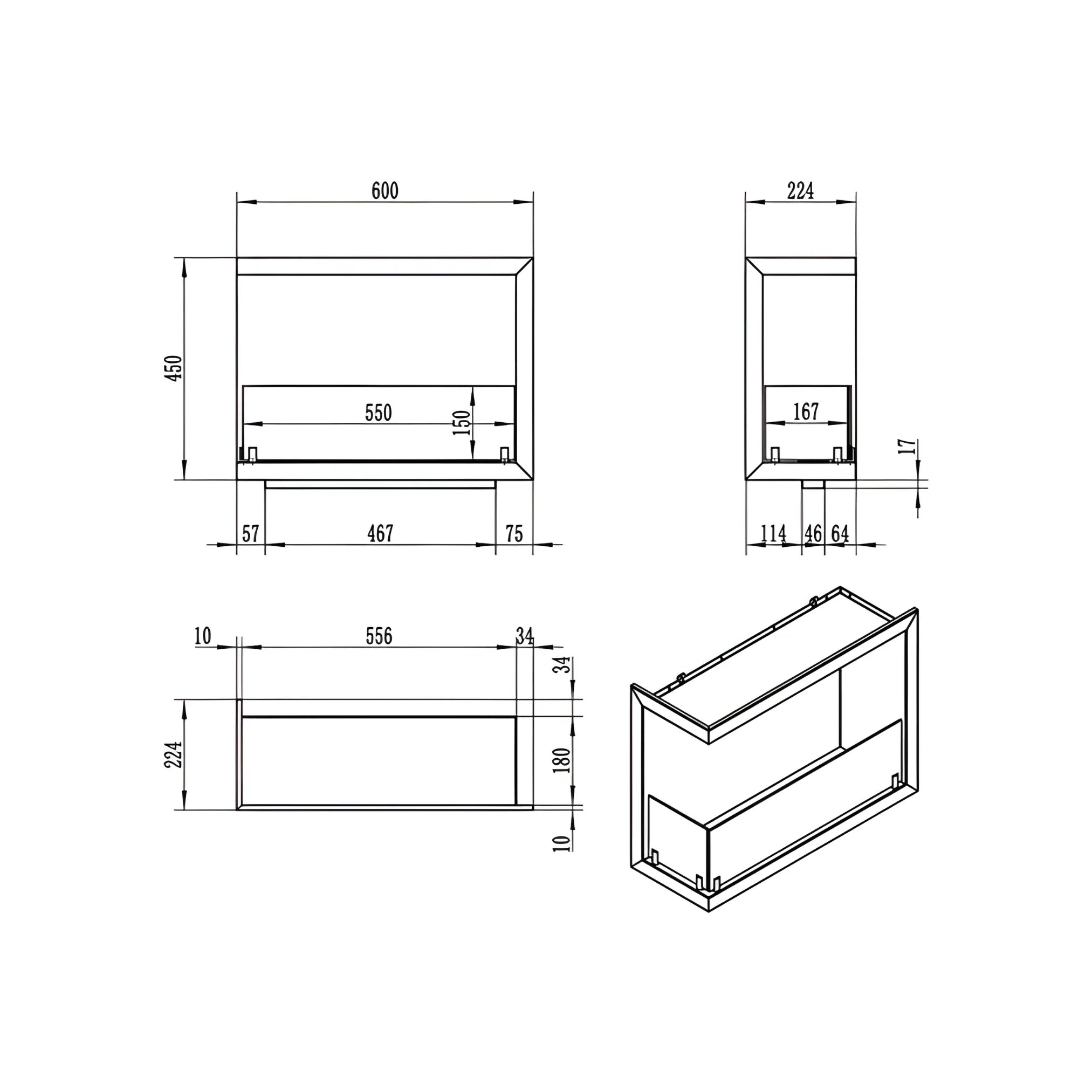 Caminetto ad angolo da incasso a bioetanolo sinistro 60 cm